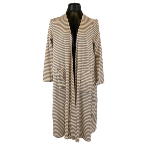 LulaRoe Sarah Duster Cardigan Sweater Tan Cream Striped Ribbed Women's Size M - Picture 2 of 6